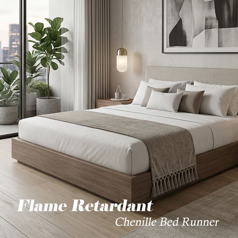 100% polyester vlamvertragende chenille bedloper voortel, NFPA 701, rechtstreeks van de fabriek Chenille bedloper 03