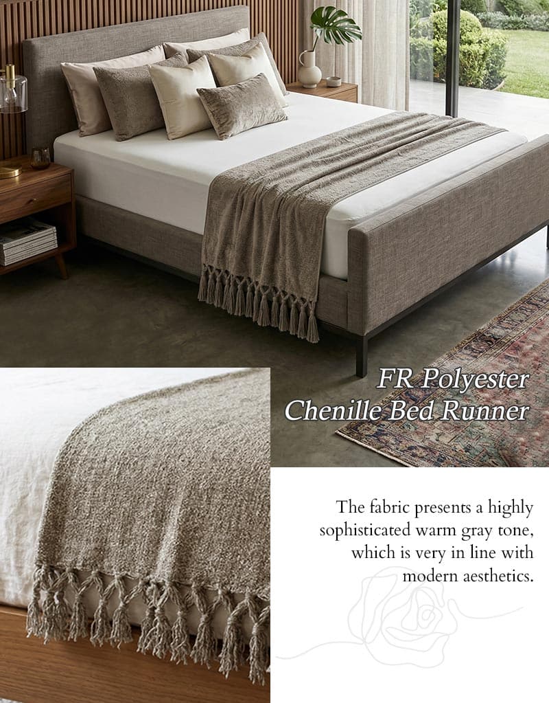 100% polyester vlamvertragende chenille bedloper voortel, NFPA 701, rechtstreeks van de fabriek Chenille bedloper 06