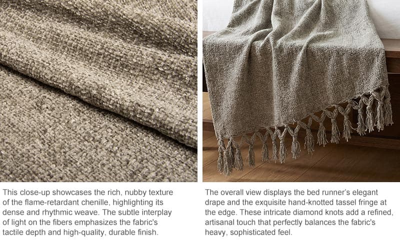 100% polyester vlamvertragende chenille bedloper voortel, NFPA 701, rechtstreeks van de fabriek Chenille bedloper 08