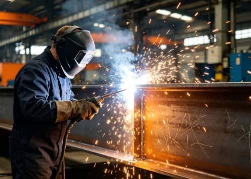 Welke stoffen worden gebruikt voor laspakken en hoe kies je de juiste? 8 Professionele industriële lasser aan het werk aan een grote stalen constructie, waarbij vonken in het rond vliegen