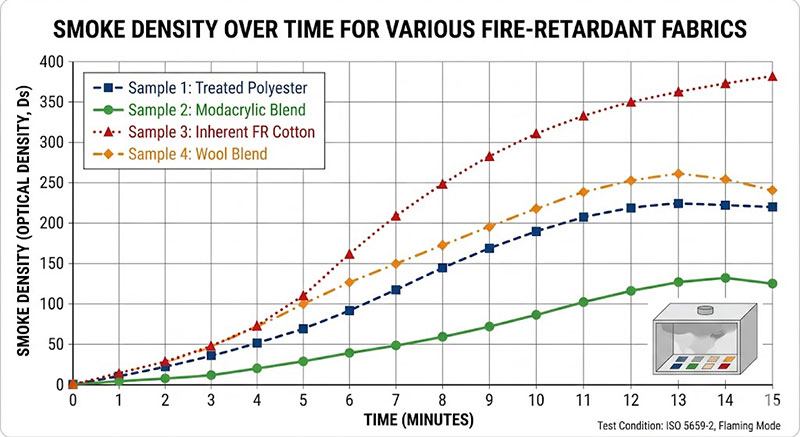 NFPA 130 : Guide de la norme américaine de sécurité incendie pour les transports en commun 2 Graphique technique montrant l'évolution de la densité de fumée au fil du temps pour différents tissus ignifugés