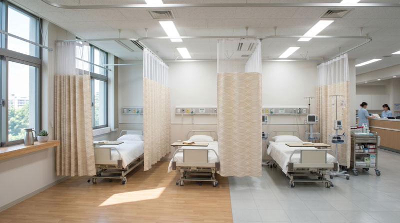 ¿Qué son las cortinas cubiculares? Soluciones de cortinas para hospitales que garantizan privacidad y seguridad 2 Cortina de cubículo de hospital en sala de pacientes