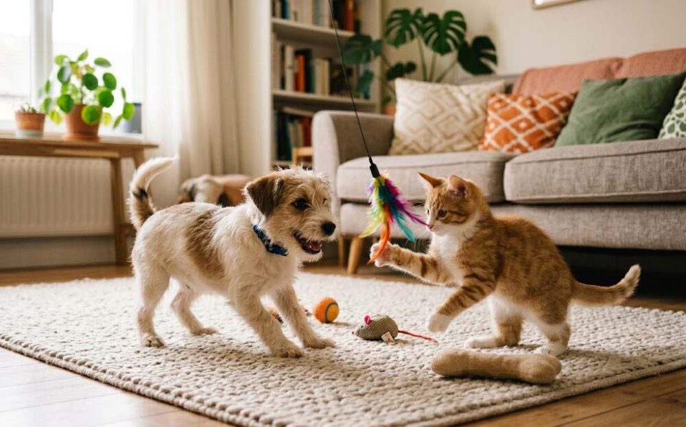 From Ordinary Pet Products to Flame Retardant Pet Textiles 3 A cute puppy and kitten playing together at home 1