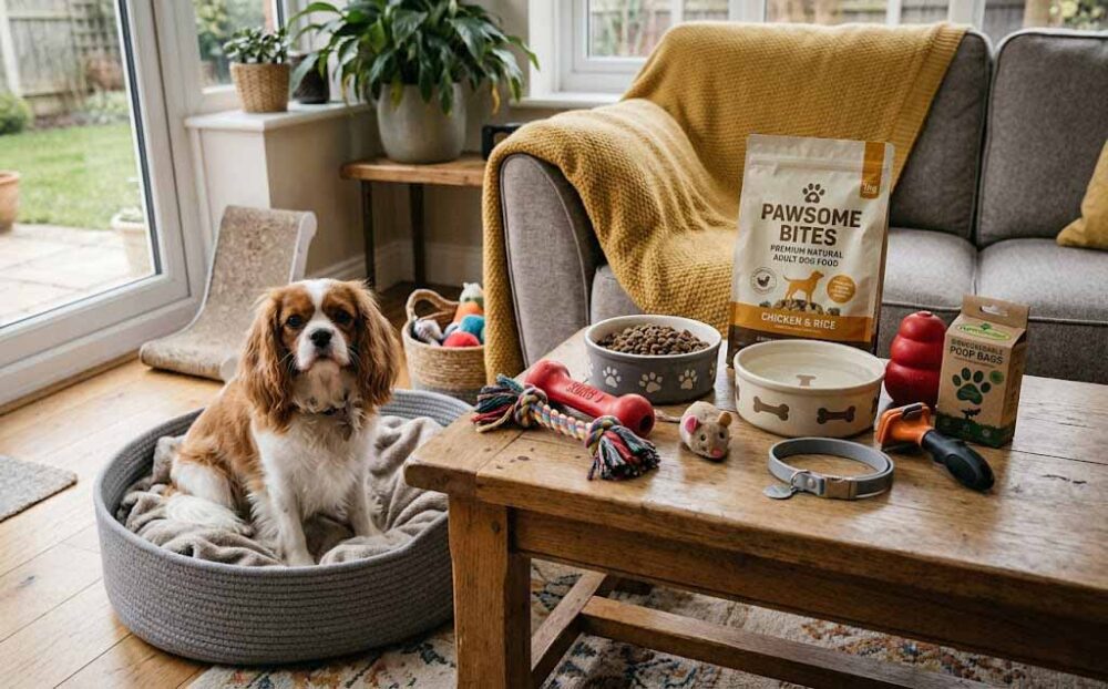 From Ordinary Pet Products to Flame Retardant Pet Textiles 5 Cavalier Spaniel with all his essentials.