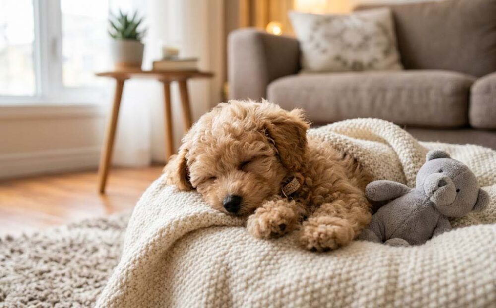 From Ordinary Pet Products to Flame Retardant Pet Textiles 4 Cute puppy sleeping cozily with a teddy bear.