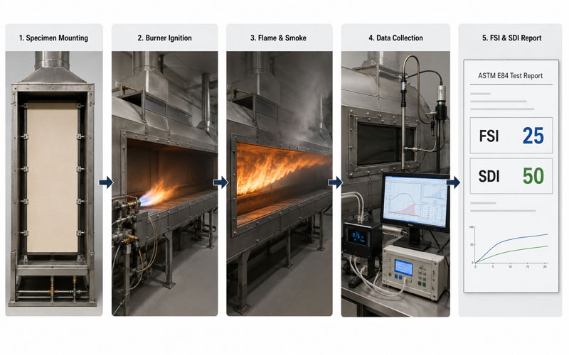 ASTM E84 Explained: Test Method, Rating Classes, Applications, and Limits 2 diagram of ASTM E84 test process from specimen mounting to FSI and SDI report