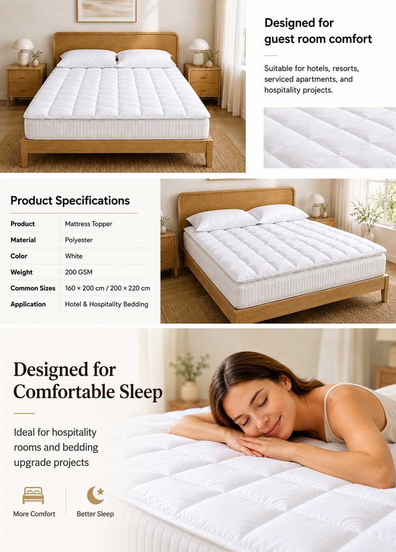 White Polyester Hotel Mattress Topper 200 g/m² OEKO-TEX Standard 100 Support OEM Project Supply 3 详情页 02