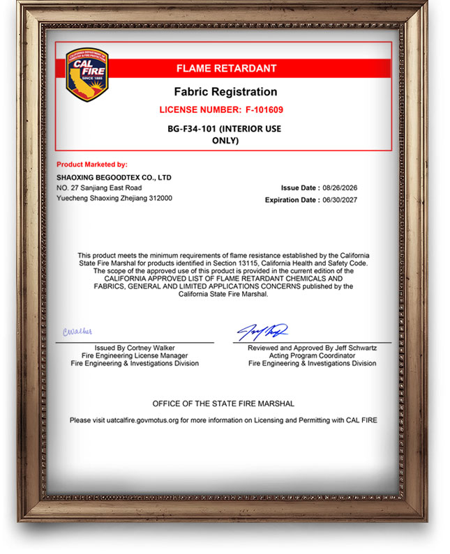 Certification and Report 5 Fabric registration certificate for flame retardant
