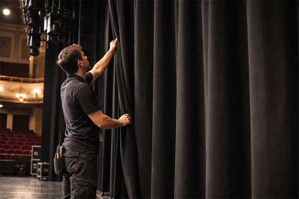 Soluciones de tejidos ignífugos para escenarios y teatros 13 Marcador de posición de tela para cortinas de teatro intrínsecamente ignífuga