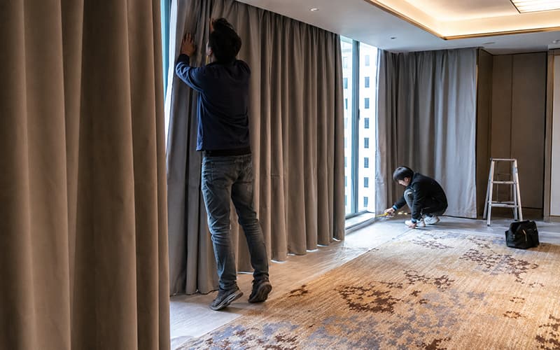BEGOODTEX obtiene el registro de tejido ignífugo CAL FIRE / OSFM 3 Inspección final de las cortinas antes de la entrega del proyecto