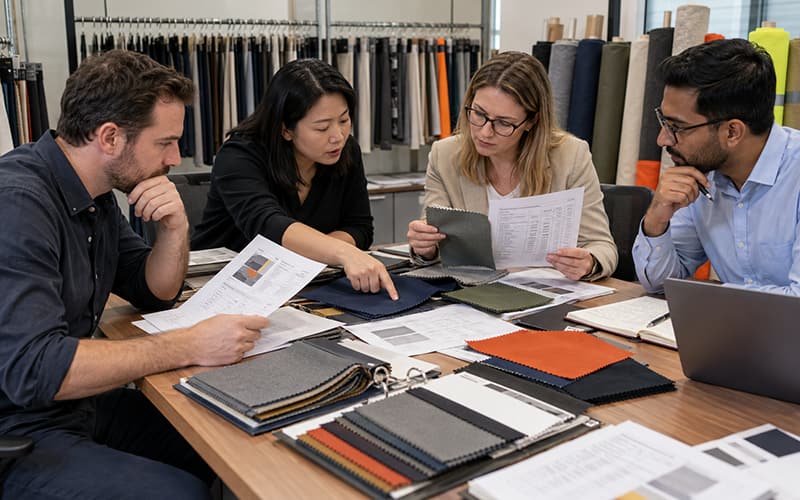 Flame Retardant Fabric Sourcing Trends for 2027: What Global Buyers Need to Know 1 BEGOODTEX global textile buyers reviewing flame retardant fabric samples and sourcing documents