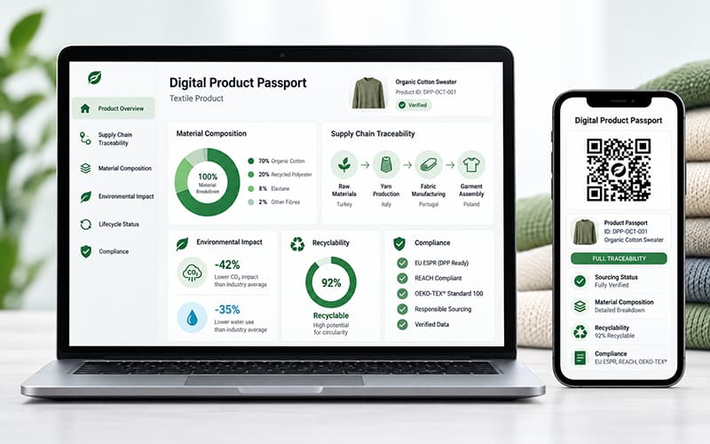 Flame Retardant Fabric Sourcing Trends for 2027: What Global Buyers Need to Know 3 Digital Product Passport for textiles showing product data, supply chain traceability, material composition and compliance information