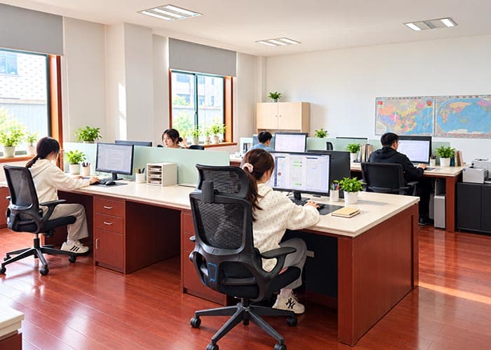 Novo espaço, novo visual! A BEGOODTEX tem uma nova casa! 3 Funcionários da BeGoodtex a trabalhar em computadores no escritório de open plan