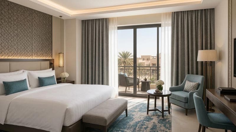 begoodtex hotel bedroom featuring full length curtains and coordinated interior textiles