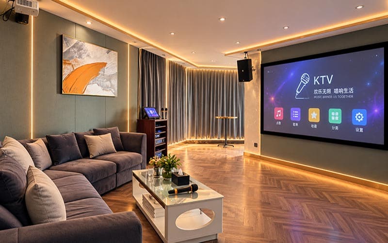 Novo espaço, novo visual! A BEGOODTEX tem uma nova casa! 30 Sala de karaoke da equipa Begoodtex com sofás e ecrã de karaoke
