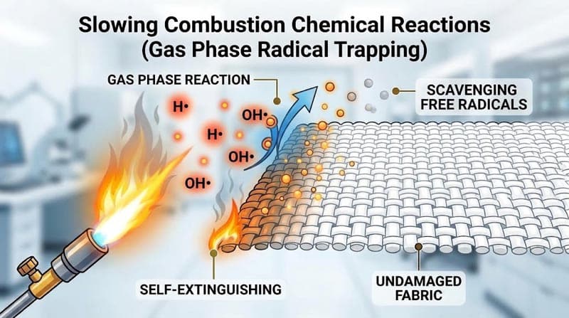 Flame retardant fabric slowing combustion reactions through free radical scavenging
