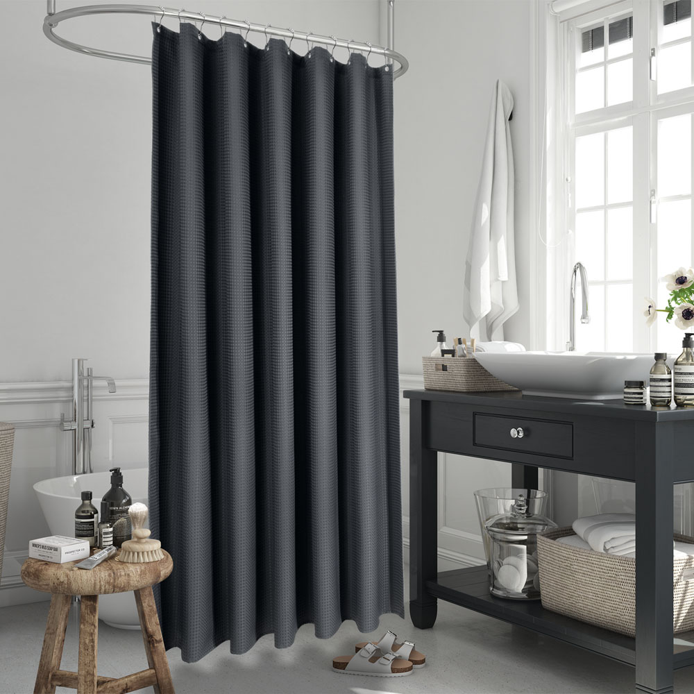 Flame retardant waterproof black shower curtain with checkered pattern