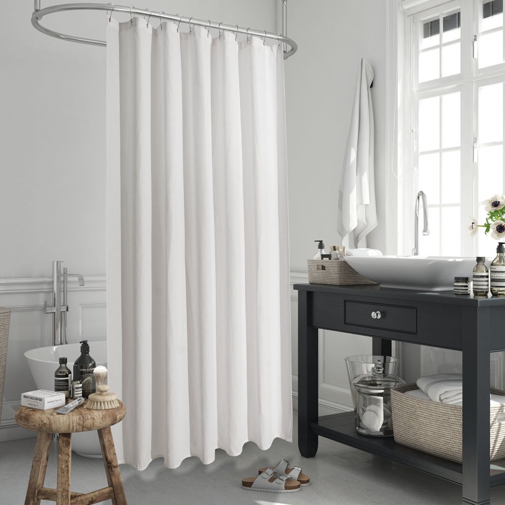 Flame retardant white checkered shower curtain