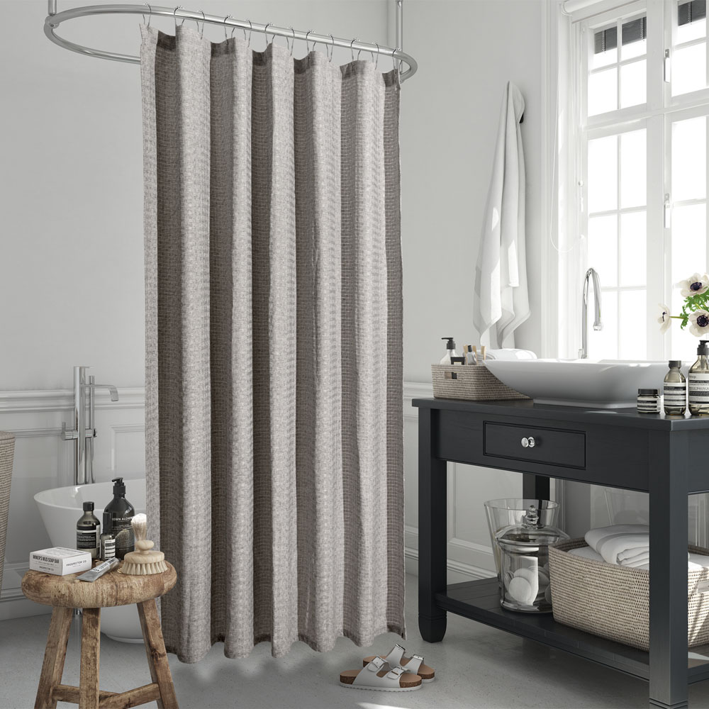 Flame retardant grey checkered shower curtain