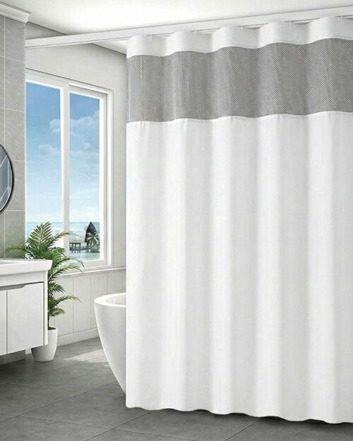 Begoodtex-Flame-Retardant-Fabric-07255 NFPA 701 Certified Flame Retardant Mesh Top Shower Curtain W1.4m x H2m for Hospital and Hotel