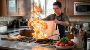 Extinguishing a kitchen fire with a fire blanket.