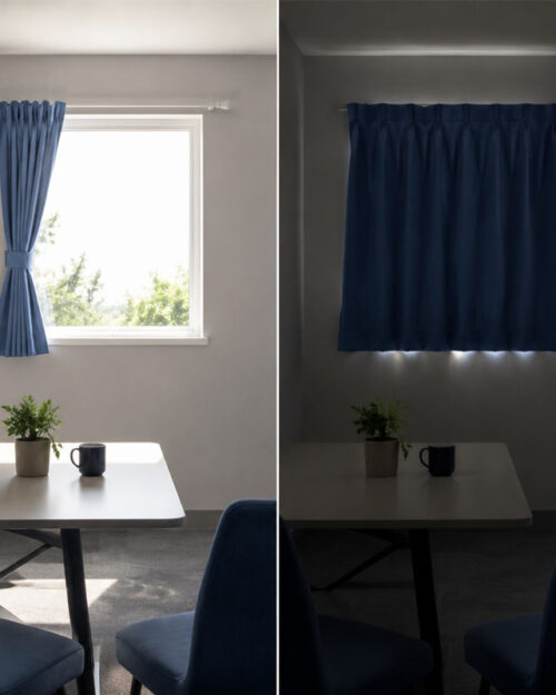 rideau plissé bleu en polyester avec finition ignifuge, échantillon occultant à 95 %