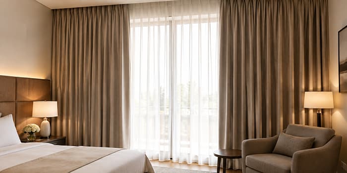 BEGOODTEX flame retardant blackout curtain fabric for hotel and commercial interiors
